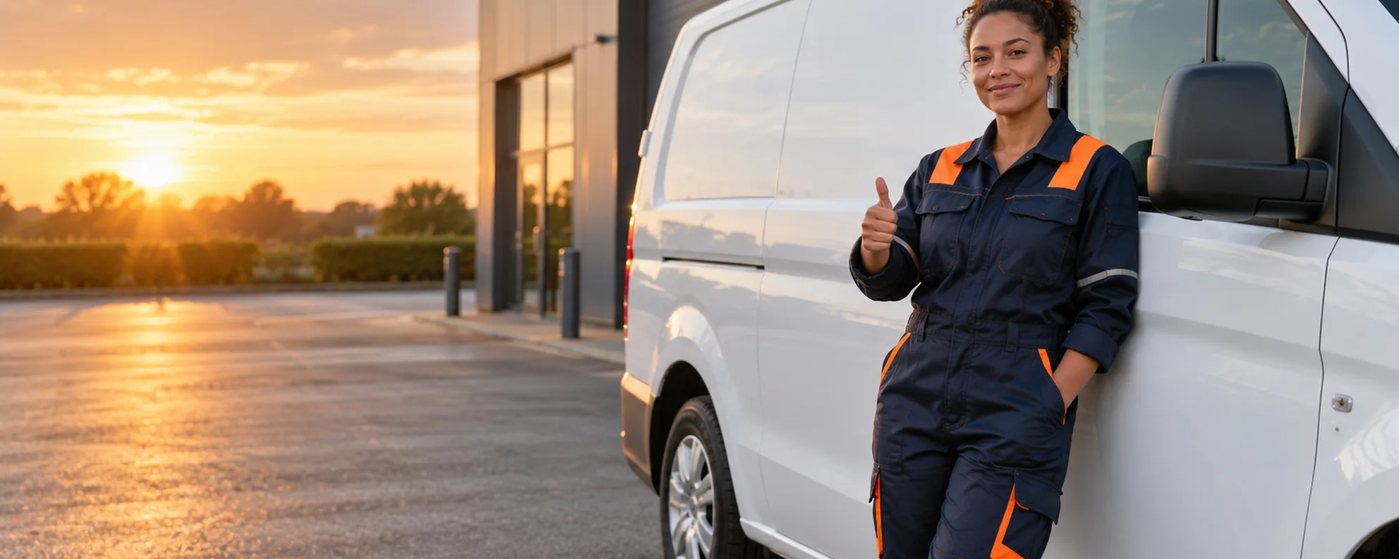 Illustrative AI-generated image of a multi-trade worker beside an unbranded white work van, giving a thumbs-up.