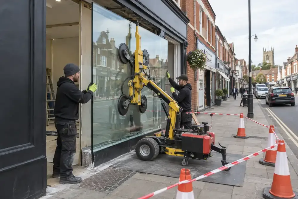 Glaziers using a glazing robot to replace a shopfront pane