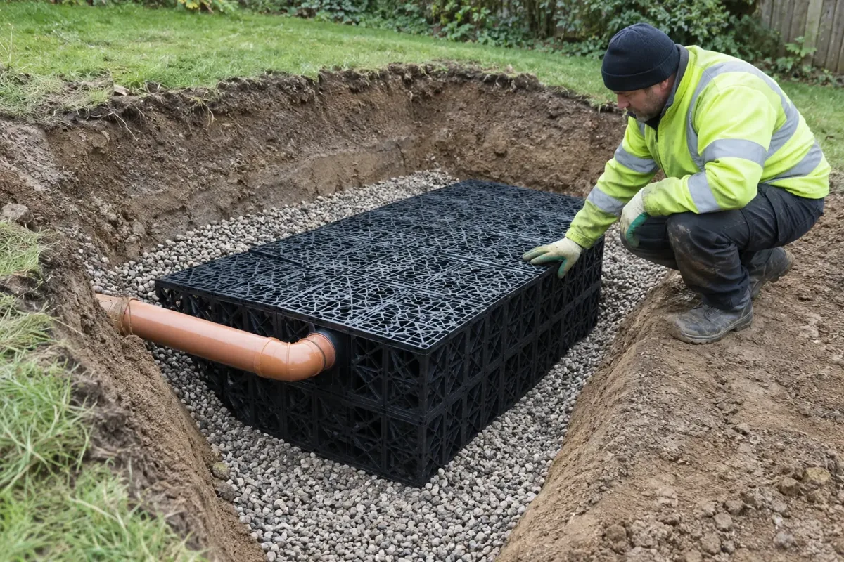 Drainage worker examining a shallow excavated garden soakaway with black modular drainage crates, gravel surround and inlet drainage pipe clearly visible; safe sloping excavation sides and gloves.