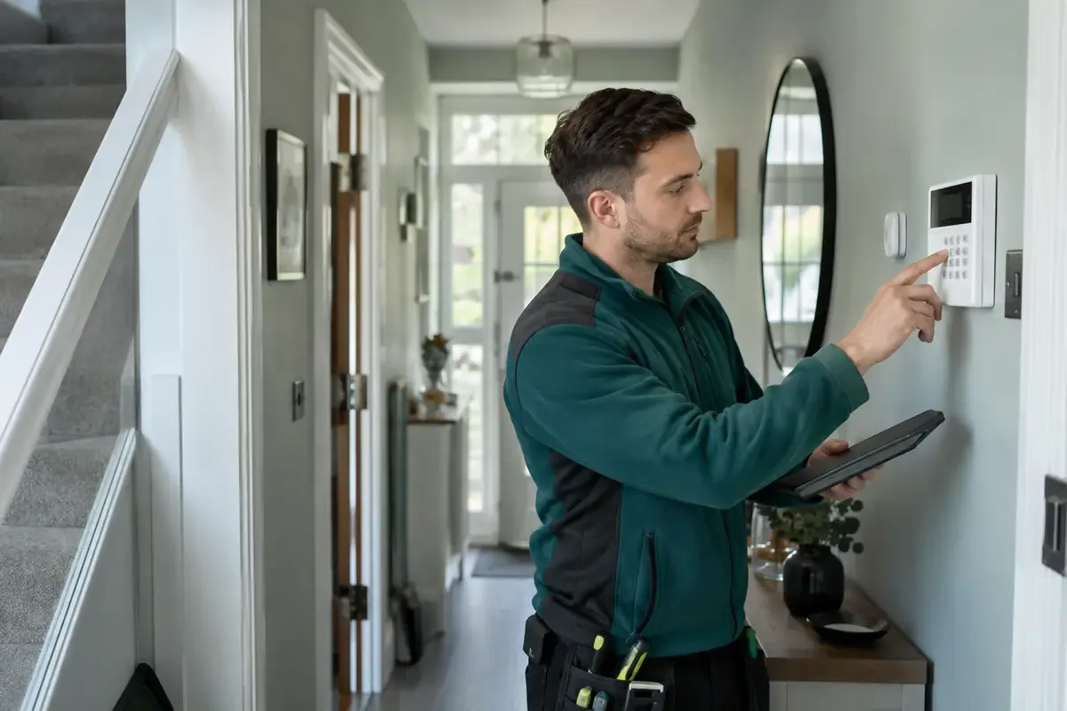 Home Security Technician Testing Alarm Panel