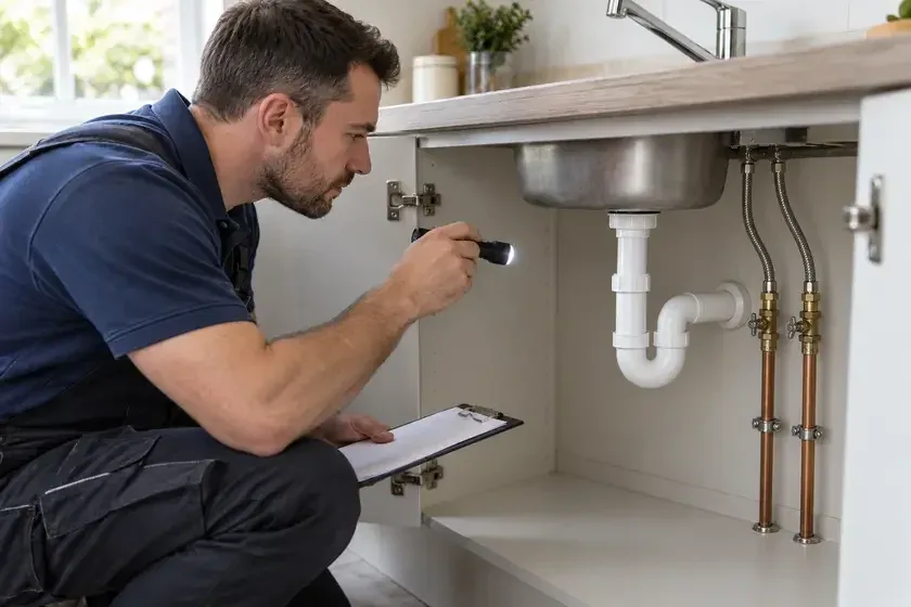 Plumber inspecting sink pipes with a torch and clipboard