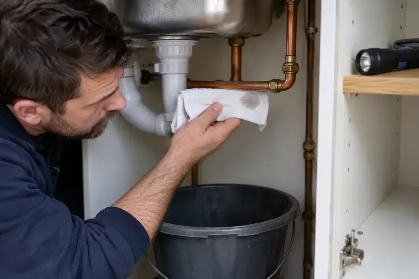 Plumber checking a water pipe for moisture with an absorbent cloth.