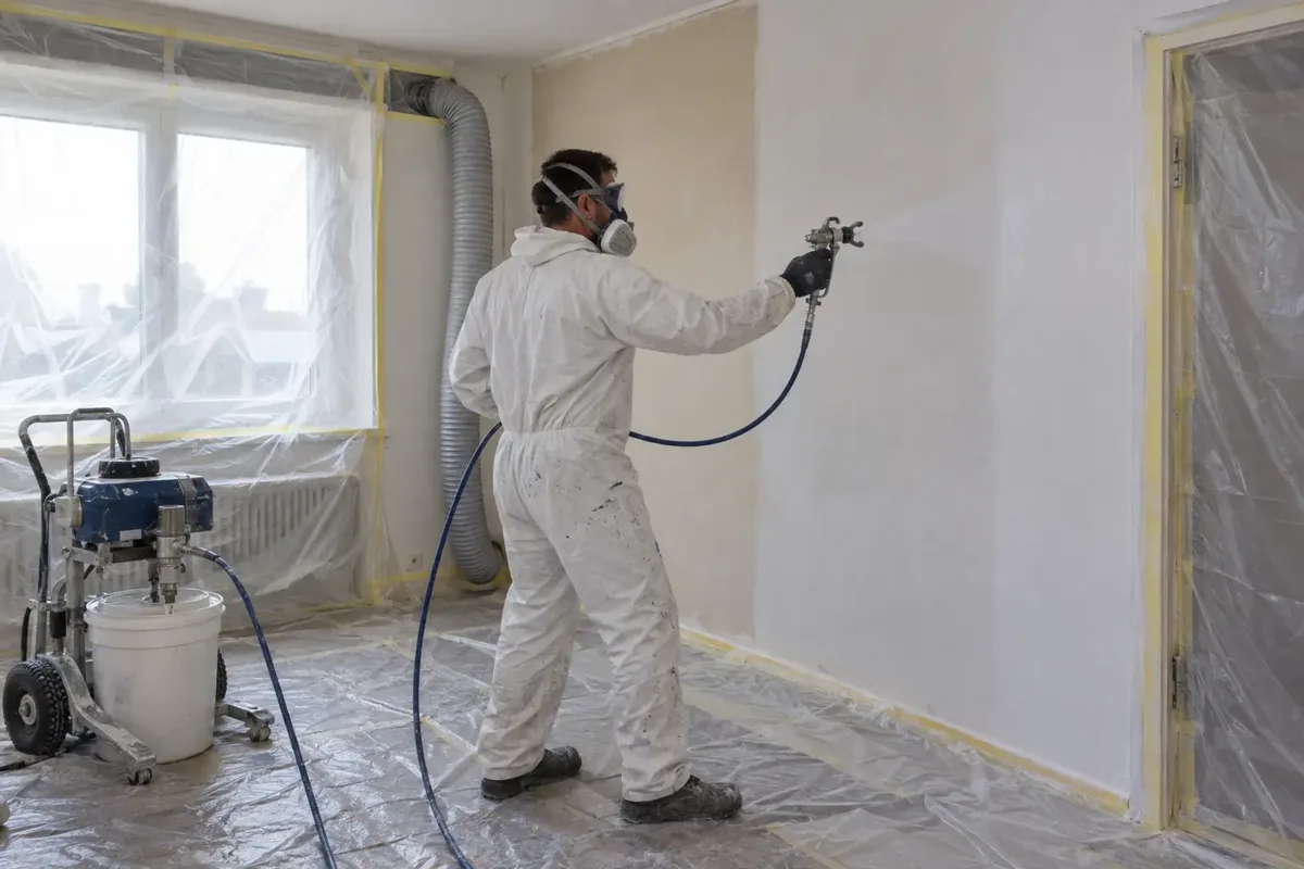 A professional wearing coveralls, gloves, sealed eye protection and an appropriate cartridge respirator spraying an interior wall with an airless paint sprayer; floor and window masked with plastic, hose visible, ventilation extraction duct, fine controlled spray.