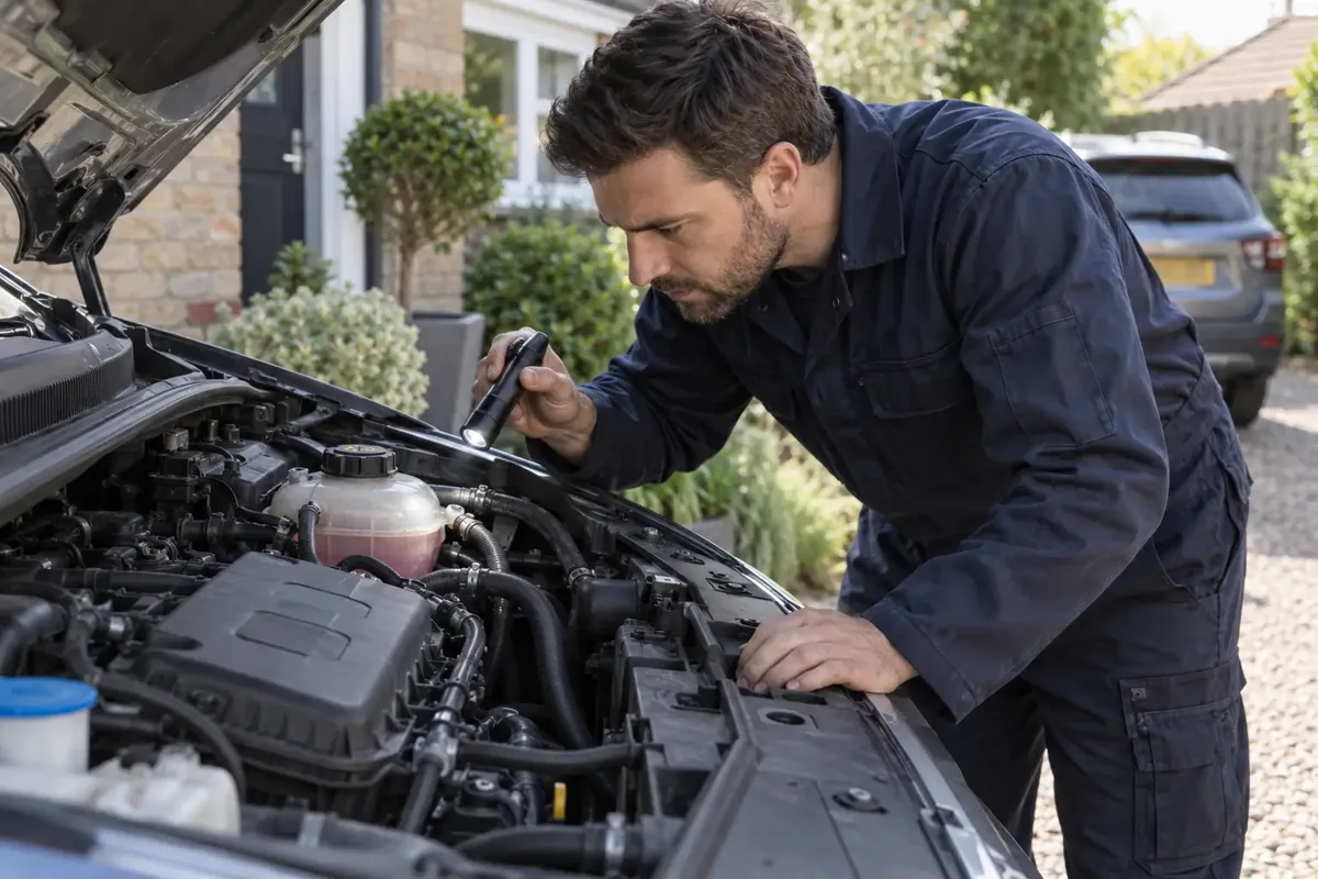 Mechanic inspecting the cooling system of a cooled engine