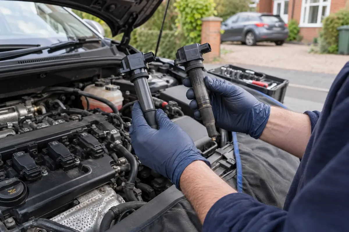 Mechanic checking a replacement ignition coil