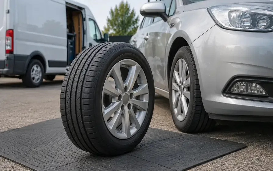 Replacement tyre on an alloy wheel beside a silver car and fitting van