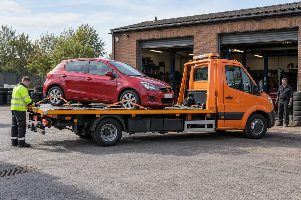 Car carrier outside an independent garage during vehicle transport